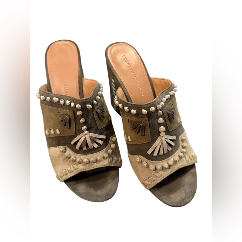 Sigerson Morrison Embellished Suede Block Heel Mules Slides Sandals 9.5